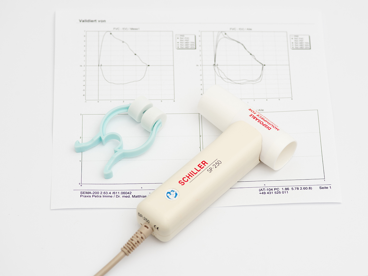 Abbildung des Lungenfunktionsgerätes und grafische Darstellung einer Lungenfunktion